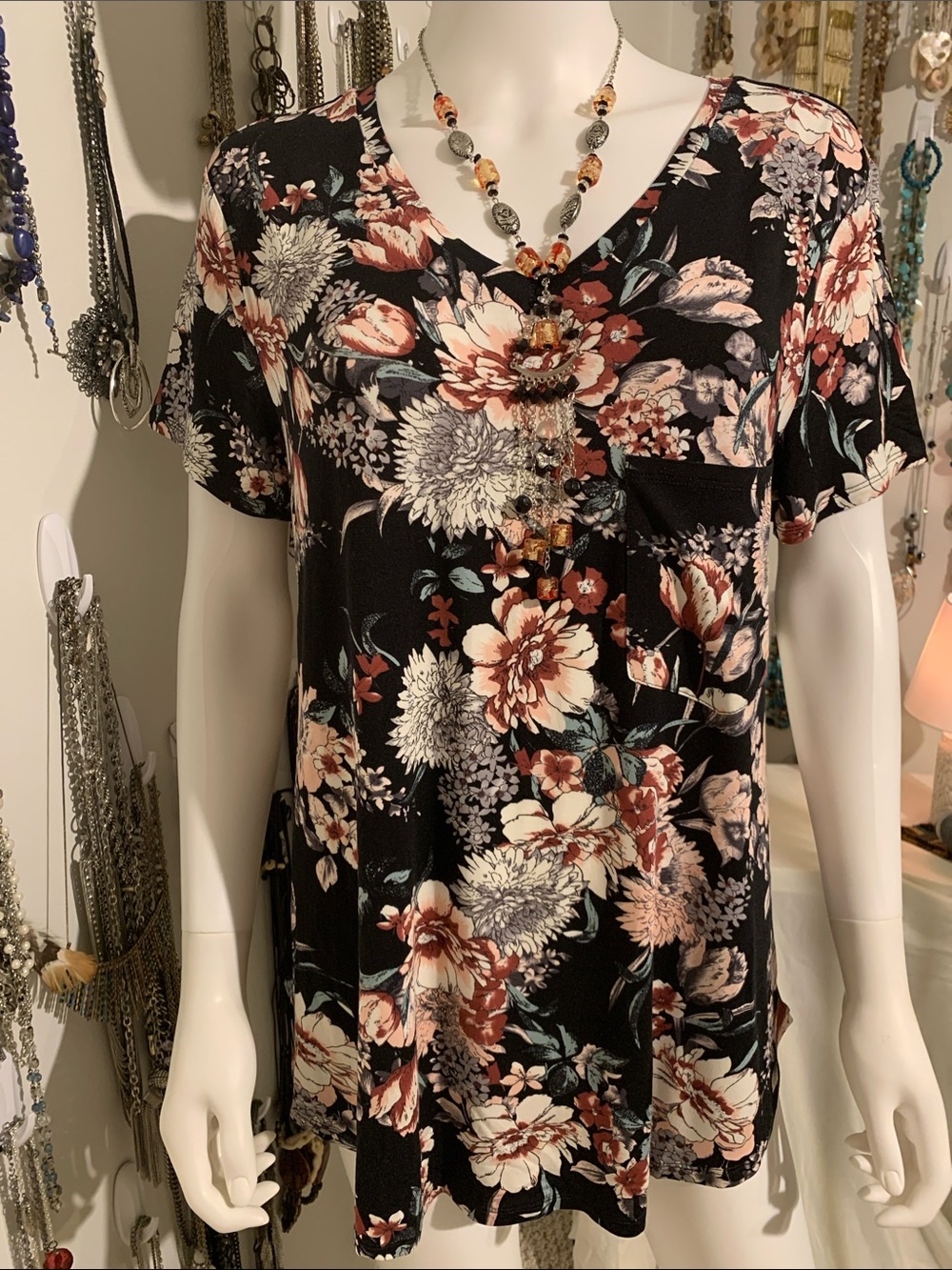 Grace & Lace Black Floral V-Neck Tunic with Pink & Cream Blooms with necklace